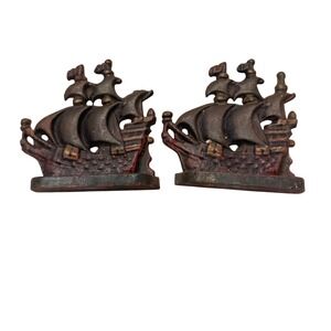 Vintage Cast Iron Pirate Ship Bookends Antique Nautical‎ Home Decor Set Of 2